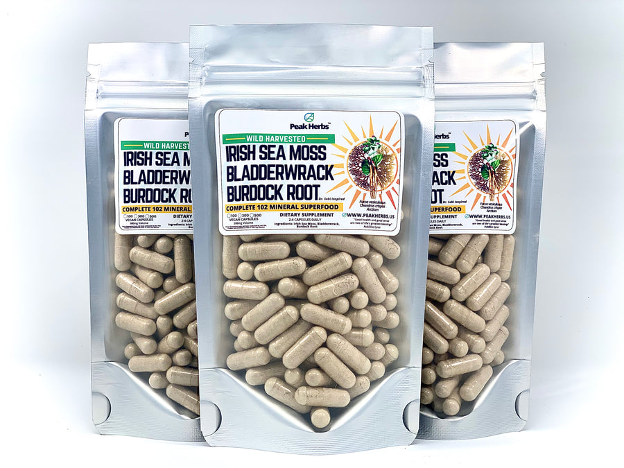 Irish Sea Moss + Bladderwrack + Burdock Root Capsules - Complete 102 Mineral Alkaline Cell Repair Dr Sebi Superfood